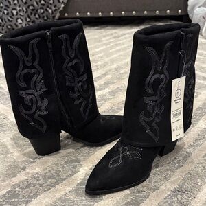 No Boundaries Black Suede Embroidered Ankle Boots